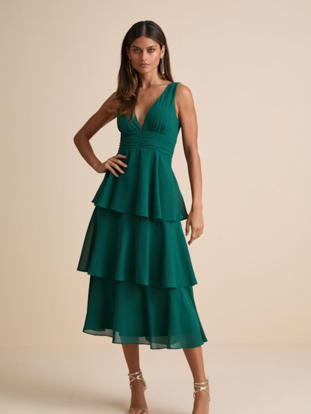 Lulus Emerald Green Sleeveless Tiered Midi Dress - Size M - Wedding Guest Dress